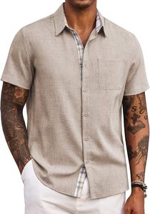 Camisa Casual de Verano para Hombre con Logotipo Personalizado, Manga Corta, Cuello con Ribete a Cuadros, Bolsillo Frontal, Algodón y Lino, para Playa o Boda, ODM - Product Image 6