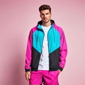 Men's Color Blocking Hooded <b>Windbreaker</b> Set Quick Dry Polyester Sporty Summer Outfit Pink Blue <b>Black</b> - Product Image 1