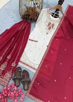 Ensemble Sharara 3 Pièces Traditionnel Indien Ethnique pour Mariage Hivernal et Fêtes, Brodé, Réversible, Infroissable, Coupe Ajustée, en Soie Fendy