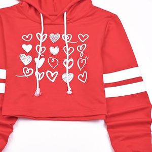 Sweat-shirt à capuche court rouge pour femme, imprimé cœur, manches longues, en molleton de coton respirant tricoté - Product Image 3