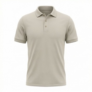 Polo en coton Oxford à manches courtes beige pour homme, décontracté, respirant, coupe classique, design uni, tissu tissé - Product Image 1