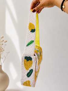 Cadenas para Bolsos de Hombro Hechas a Mano con Cuentas de Limón y Bordado |   Bolso de Viaje Tejido con Diseño de Cítricos |   Bolso Bohemio de Cuentas Blancas Shah - Product Image 2