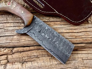 OEM Industrial Grade Made Damascus Steel Bull Cutter Knife Ram Horn Handle Full Tang Cowboy Hunting <b>Camping</b> Pancake Sheath - Product Image 3