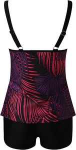 Maillot de bain tankini pour femmes, ensemble 2 pièces, imprimé feuilles de palmier violettes, haut à col rond avec short noir, léger et respirant - Product Image 4