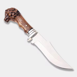 Couteau Bowie à lame fixe de chasse et de camping en plein air, fait main, avec fourreau en cuir, acier Damas, manche en bois, 175 mm, garantie 3 ans - Product Image 1