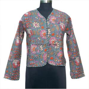 Handmade Short Reversible Eco-Friendly Cotton Breathable Quick Dry Vintage <b>Quilted</b> Autumn <b>Jacket</b> Button Closure Full Sleeves - Product Image 1