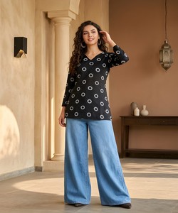 Kurta en coton imprimé noir pour femmes, col en V, manches longues, coupe ample décontractée, vêtements ethniques, style Inde Pakistan 85437 VAAZI-1063 - Product Image 2