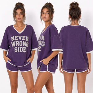 V Neck Short Sleeve Double Layer T Shirt Ladies Cotton Polyester Tee <b>Top</b> Embroidered Double Layer T-Shirts Women's V Neck Tee - Product Image 4
