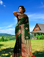 Sari traditionnel en soie Banarasi verte avec bordure rouge, pour femmes, pour mariage et fêtes, style ethnique indien, longueur au sol, coupe classique