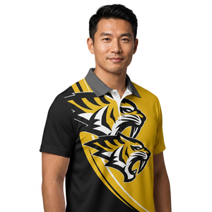 Polo à manches courtes pour homme, imprimé tigre, noir et jaune, polyester, coupe décontractée, respirant, logo sur le devant - Product Image 1
