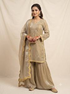 Traje Salwar Tradicional de Seda para Mujer, con Dupatta Bordada, Color Beige, para Bodas, Corte Regular, Largo hasta el Suelo, Estilo Indio-Pakistaní - Product Image 2