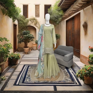 Ensemble Sharara Dupatta Haut de Gamme en Foulard Georgette Lourd avec Broderie de Fil et de Paillettes - Product Image 2