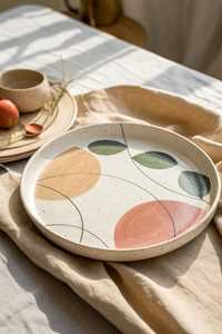 Handmade <b>Ceramic</b> Round Flat <b>Plates</b> Wabi Sabi Design Handpainted Earth Tone Striped Pattern Dishes Set of Four - Product Image 5