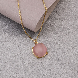 Collier en laiton œil de chat rose naturel, pierre ronde, chaîne à maillons plaquée or, pendentif Art Déco, bijoux pour femmes, fournisseur en gros - Product Image 3