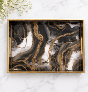Luxury <b>Black</b> Marble Resin Serving Tray Set Handmade Decorative Coffee <b>Table</b> Ottoman <b>Vanity</b> Tray Custom OEM Supplier - Product Image 3