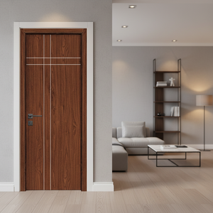 Puerta de Madera Impermeable con Aislamiento Acústico para Apartamentos y Hoteles, Acabado PVC Grano Recto Color Gris Café Claro, para Baño/Sala de Estar - Product Image 3