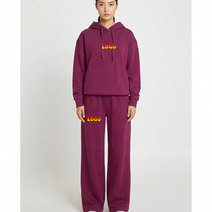 OEM Manufacturer Customized <b>Women's</b> Baggy Fit <b>Tracksuit</b> Set Pullover Front Hoodie Wide Leg Sweatpants Winter <b>Purple</b> Casual - Product Image 1
