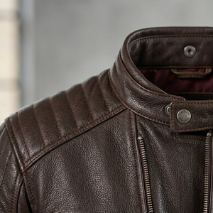 Blouson moto homme en cuir véritable marron, col montant, fermeture éclair, coupe ajustée, style motard, pour l'automne - Product Image 5