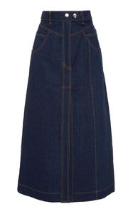 Falda vaquera midi de cintura alta para mujer, corte en A, con botones frontales y abertura, informal, lavado a la piedra, azul claro, de algodón tejido - Product Image 6