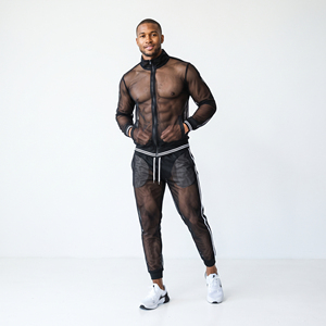 Ensemble de survêtement en maille transparente sexy avec veste zippée et pantalon de jogging transparent 100% polyester, survêtement en maille sexy unisexe pour club - Product Image 6