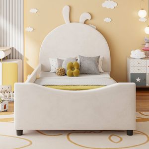 Lit de repos capitonné beige taille twin avec tête de lit en forme d'oreilles de lapin pour enfants - WF308907AAA - Product Image 2