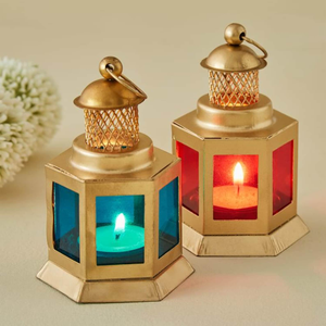Vintage Gold Metal Glass Lantern Decorative <b>Candle</b> Holder with <b>Blue</b> Glass Panels and Geometric Design Hanging Handle Tabletop - Product Image 2