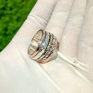 Three Tone <b>Spinner</b> Band <b>Ring</b> 925 Sterling <b>Silver</b> Handmade Anxiety Relief Jewelry - Product Image 4