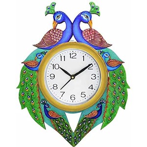Handcrafted Traditional Peacock Wall <b>Clock</b> Wood <b>Hand</b>-Painted Blue/Green Wholesale India - Product Image 1
