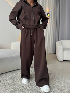 Ensemble de survêtement à capuche 2 pièces pour femme, coupe ample, couleur unie, tricoté en polyester/coton, vêtements de sport décontractés toutes saisons - Product Image 3