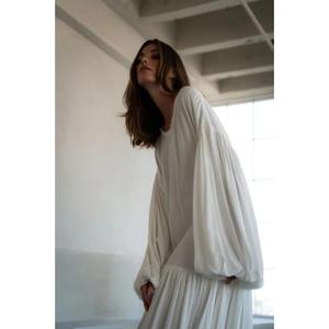 Vestido Maxi Largo Bohemio Blanco Holgado para Mujer, de Manga Corta, Fluido, Elegante, Minimalista, Natural, para Vacaciones - Product Image 4