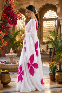 Sari en coton blanc à imprimé floral rose, tenue traditionnelle indienne pour mariage, longueur ras du sol, coupe classique, sans plis, style Bollywood - Product Image 4