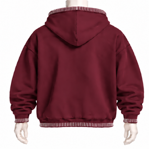 Sweat-shirt à capuche épais bordeaux avec bordure cousue, effet vieilli, surpiqûres contrastées, poche kangourou, coupe oversize décontractée - Product Image 2