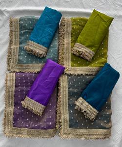 Sari en organza de soie de luxe pour femmes, bordure brodée Zari, chemisier |   Collection de saris traditionnels indiens pour mariages et fêtes - Product Image 5