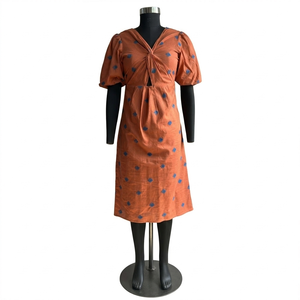 Hermoso y Elegante Vestido Midi de Fiesta para Mujer, con Cuello en V, Corte en A, Mangas Abullonadas, Transpirable, Mezcla de Viscosa y Lino, Estampado - Product Image 1