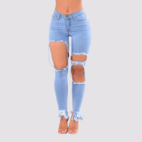 Nouvelle collection en gros de jeans déchirés pour femmes, taille haute, coupe droite, très élastiques, respirants, écologiques, style sombre et sexy, décontractés, OEM BD