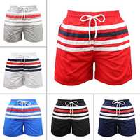 Shorts de bain rayés pour hommes à séchage rapide avec cordon de serrage, décontractés, taille mi-haute, en polyester tricoté, rouge, bleu marine, gris, blanc