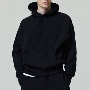 Sudadera con capucha para hombre, estilo vintage, desgastada, negra, con pedrería, hombros caídos, oversize, lisa, al por mayor - Product Image 1