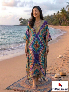 Vestido Kaftan Estampado para Mujer, Ropa de Playa de Verano, Corte Holgado, Tela Suave, Estilo Moderno, Fabricación Personalizada al por Mayor, Suministro para Exportación - Product Image 5