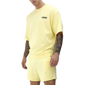 Men's Two-Piece Summer Solid Casual Beach Suit <b>Set</b> with Breathable 100% Cotton Short and T-shirt - Product Image 5