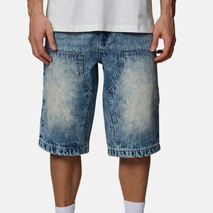 Shorts Bermuda en jean délavé pour homme, taille mi-haute, fermeture boutonnée, couleur unie, respirant, style tissé - Product Image 1