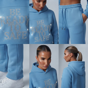 Conjunto Deportivo para Mujer con Diseño Frontal Estampado con Pedrería, Sudadera con Capucha Personalizada de Felpa de Alta Calidad de 450 GSM, Pantalones Deportivos con Cordón en la Cintura - Product Image 6