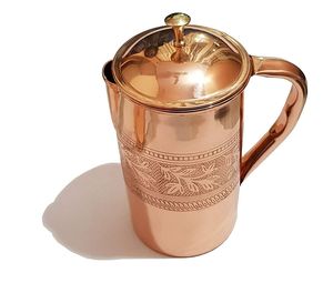Pichet à eau en cuivre pur embossé fait main avec couvercle, carafe de service traditionnelle pour la décoration de la maison et les ustensiles de cuisine - Product Image 1