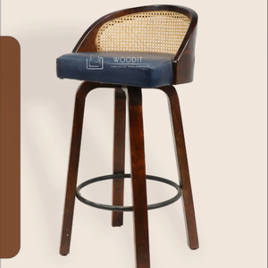 Mid-Century Modern Swivel <b>Bar</b> <b>Stool</b> Natural Rattan Cane Backrests With Soft Leather Seated Cushion & Solid Wooden Base <b>Bar</b> <b>Stool</b> - Product Image 2