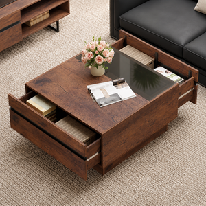 <b>Rustic</b> Brown Coffee <b>Table</b> with Hidden Storage Drawers <b>Wooden</b> Center <b>Table</b> for Living Room Furniture Supply - Product Image 3