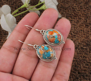 Boucles d'oreilles pendantes en argent sterling 925 avec coquille d'huître naturelle, cuivre, turquoise et pierres précieuses composites orange et bleues, style bohème, vente en gros - Product Image 5
