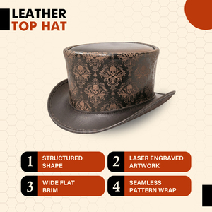 Chapeau haut de forme en cuir véritable personnalisé, imprimé crâne marron, damassé, style gothique steampunk, accessoires vestimentaires - Product Image 4