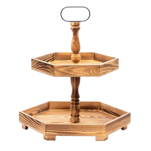 Two Tier Wooden Cake Stand Hexagon Shape Handmade With Handle For Display - Product Image 1