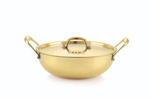 Kadhai en laiton à fond plat 3L, poignée isolante résistante à la chaleur, couvercle en verre, 100% laiton pur, revêtement en étain, design classique, pour usage festif - Product Image 3