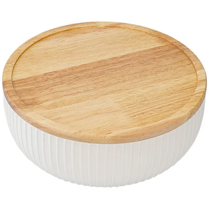 Tazón Redondo de Madera para Servir con Patrón Geométrico Azul y Blanco Pintado a Mano, Diseño Mediterráneo, Platos y Vajilla Hechos a Mano - Product Image 5