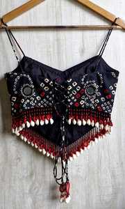 <b>Women's</b> Bohemian Sequined Beaded Cami <b>Top</b> Floral Print Fringe Hem COTTON COUTURE 100% Polyester Short - Product Image 2
